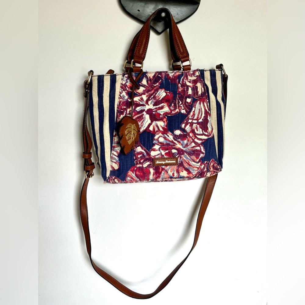 Tommy Bahama Small Canvas Tote in Navy Blue/red Floral Stripes